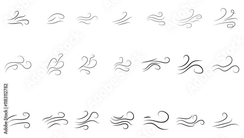 Doodle wind line sketch set. Hand drawn doodle wind motion, air blow, swirl elements. Sketch drawn air blow motion, freshness, smoke flow art. Wind and air flow icons gusts. vector illustration