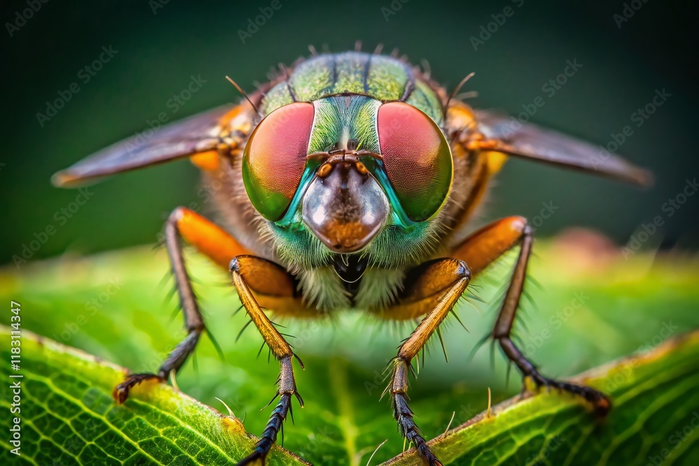 Fototapeta premium Macro Photography: Dung Fly on Leaf, Intense Gaze, Close-Up Insect Detail