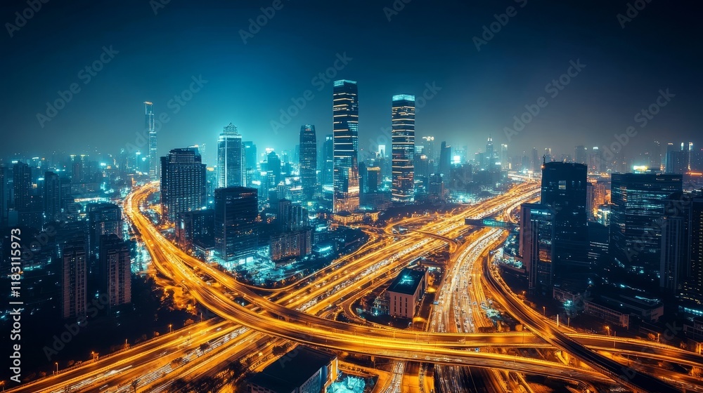 Fototapeta premium Futuristic urban nightscape illuminated skyscrapers and dynamic highways create vibrant atmosphere