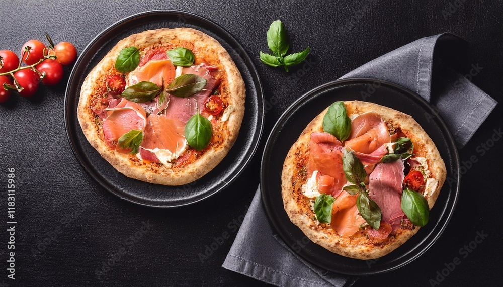 Two Traditional pizza with bresaola, smoked salmon, cheese, tomatoes Two Traditional pizza with bresaola, smoked salmon, cheese, tomatoes