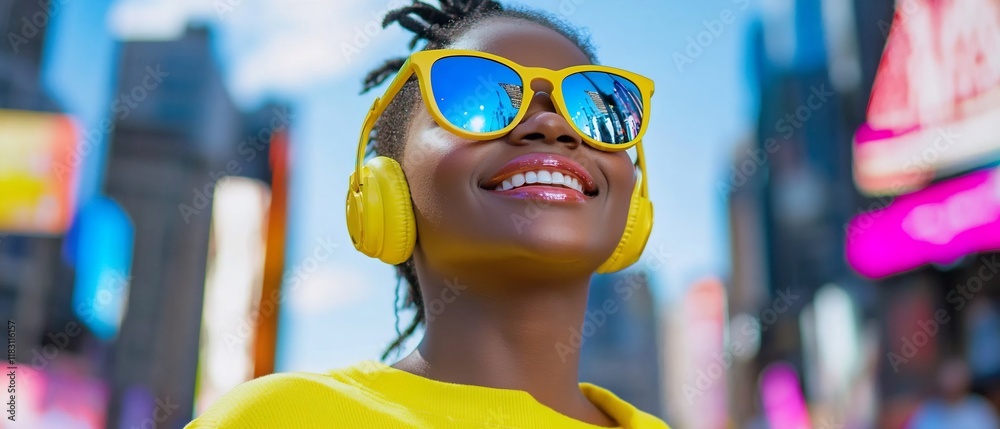 Joyful Person Enjoying Music in a Vibrant Urban Setting