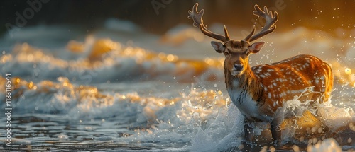 Majestic Deer Walking Through Shallow Waves at Sunset by the Shoreline photo