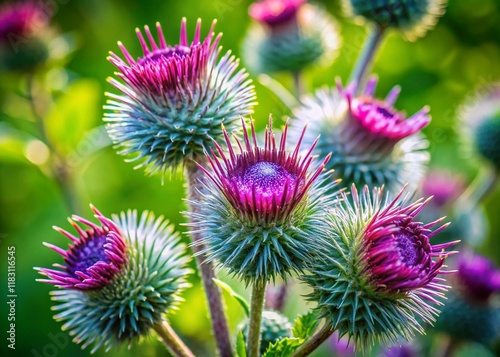 Macro Photography of Blooming Greater Burdock (Arctium lappa) Flowers in Natural Setting
