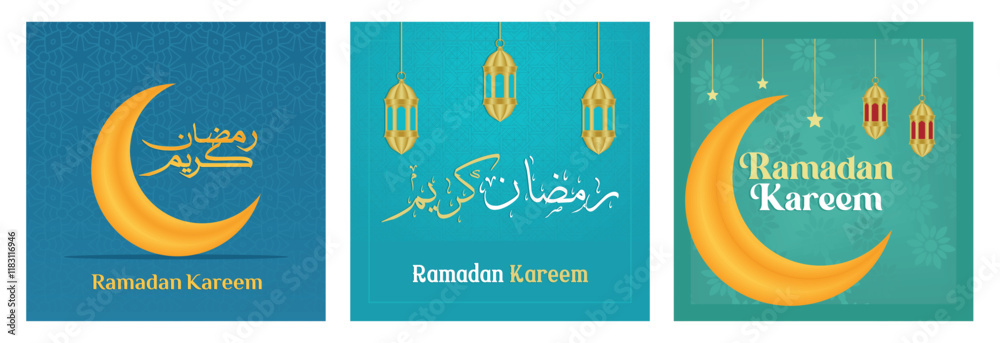 Φωτογραφία Golden crescent moon and lantern designs celebrating Ramadan Kareem with Arabic calligraphy