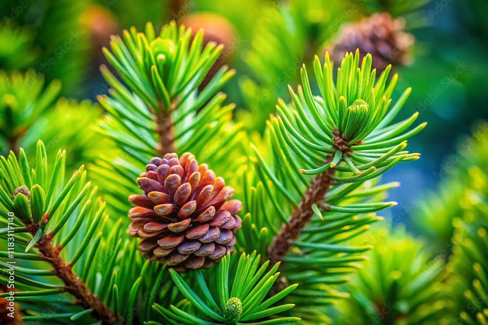 Macro Photography of Green Pine Branch with Cones, Blurred Background - Nature Stock Photo Macro Photography of Green Pine Branch with Cones, Blurred Background - Nature Stock Photo