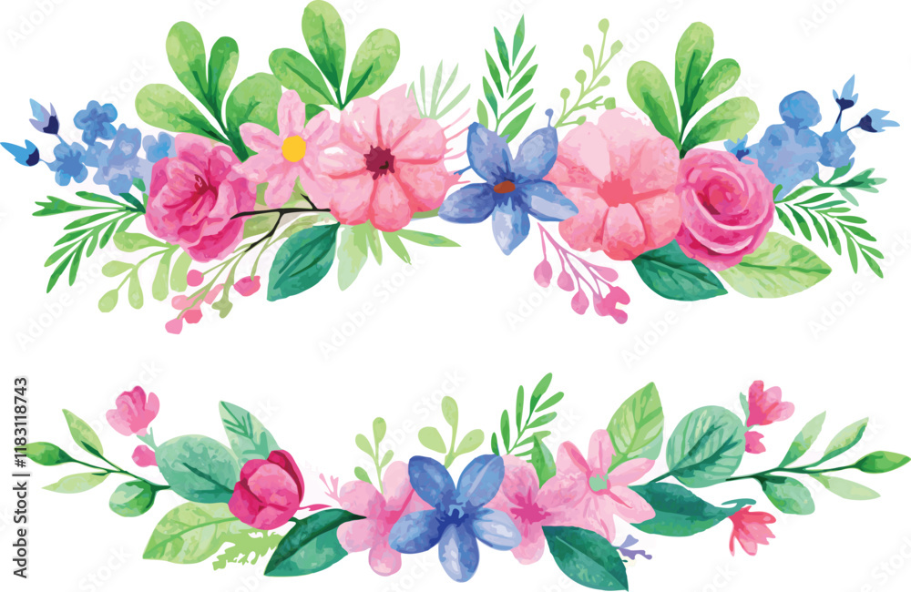 Obraz premium Watercolor Floral Border with Pink and Blue Flowers