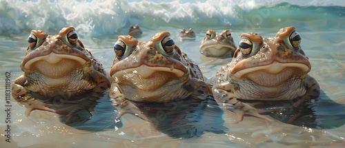 Group of Frogs Relaxing on a Shoreline with Ocean Waves in Background