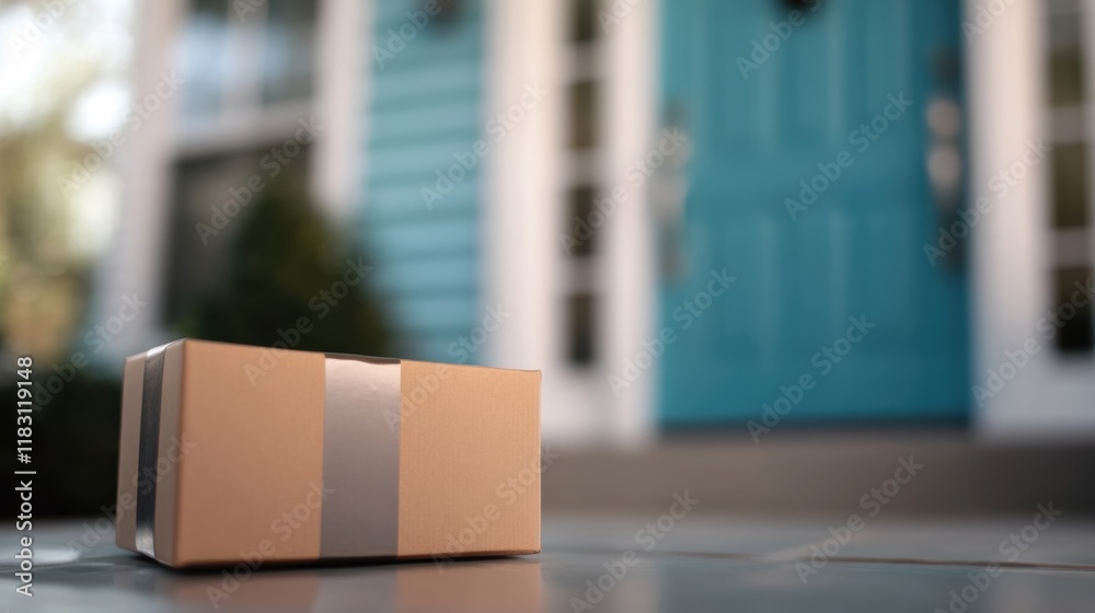 A small package rests on the front doorstep of a blue suburban house during the day, indicating recent delivery A small package rests on the front doorstep of a blue suburban house during the day, indicating recent delivery