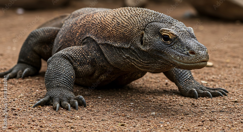 Obraz premium Komodo Dragon Reptile Wildlife Closeup Powerful Predator Indonesian Lizard Exotic Animal Nature