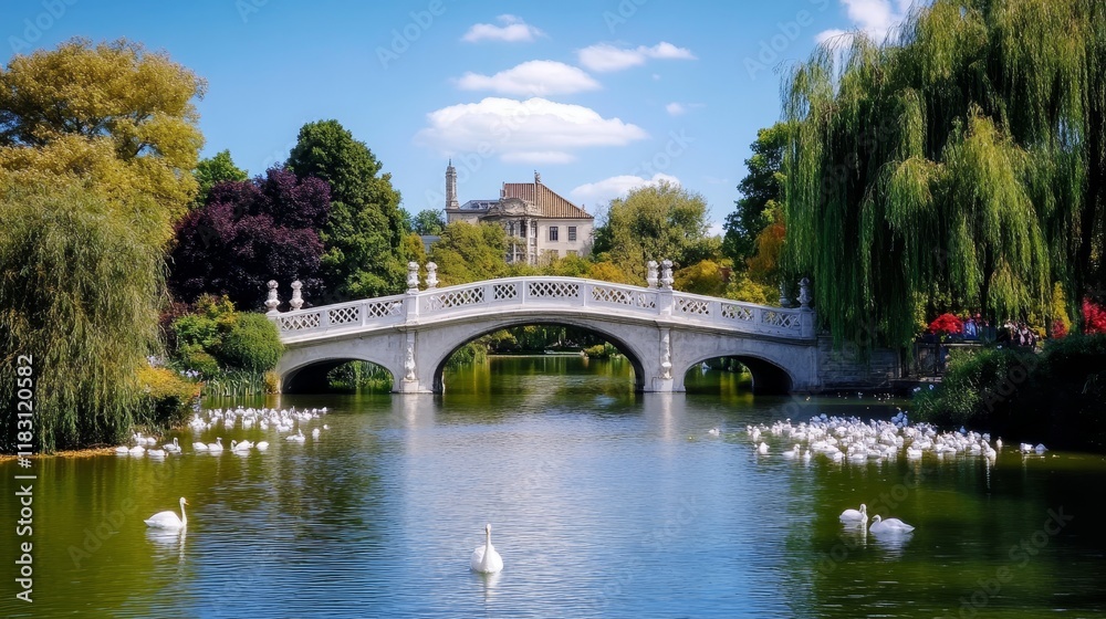 Swans Grace Serene Park Lake Bridge Scene Swans Grace Serene Park Lake Bridge Scene