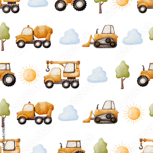 Construction Vehicle Pattern Seamless illustration with Orange Excavator and Constuction Tools, Watercolor seamless background for Kids. Cute Print for childish textile design or wallpaper
