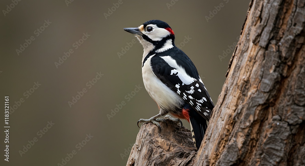 Obraz premium Great Spotted Woodpecker Bird on Tree Branch Wildlife Photography