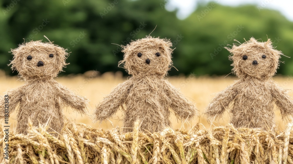 Fototapeta premium Three Hay Bale Bears in Golden Wheat Field