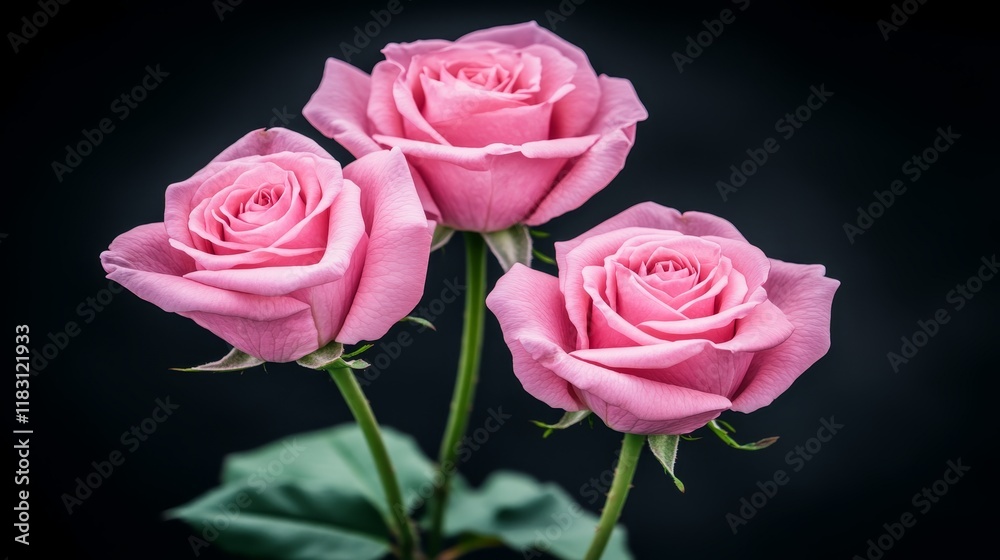 Three Pink Roses Dark Background Elegant Bouquet Three Pink Roses Dark Background Elegant Bouquet