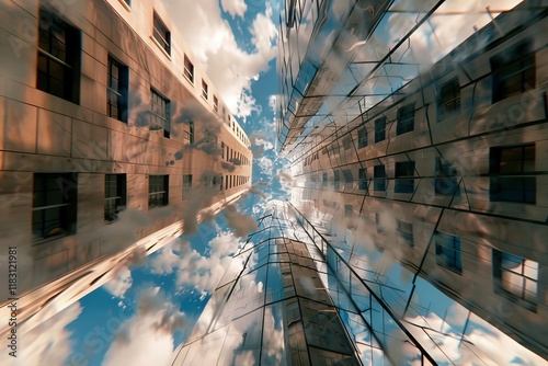 Contemporary business center with glass facade reflecting skies amidst urban development and growth photo