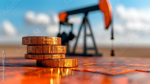 Oil Industry Investment with Stacked Coins and Pumpjack in Background