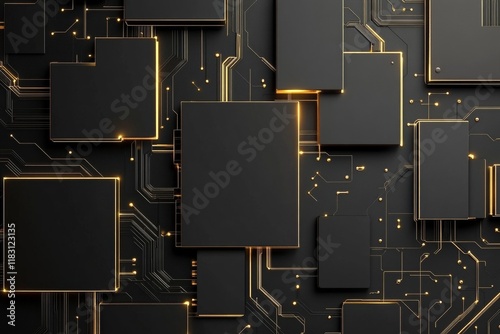 Black and gold abstract background with geometric shapes and circuit board elements for tech designs