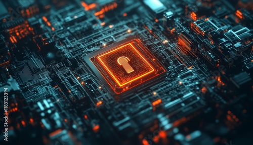 Digital lock on circuit board background  cybersecurity concept for online safety and technology photo