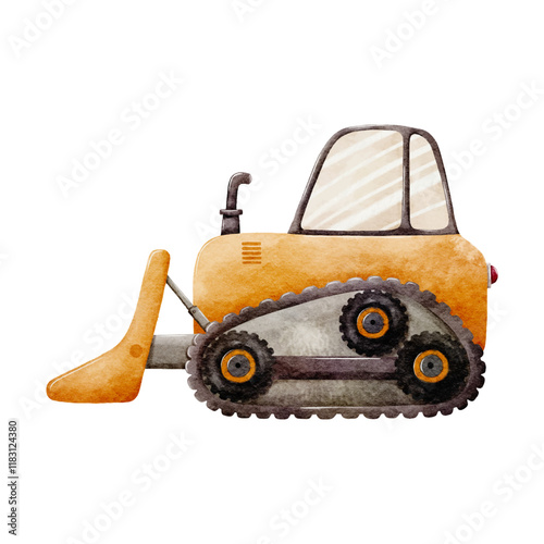 Construction Vehicle Watercolor Vector with Orange Bulldozer on White Background design