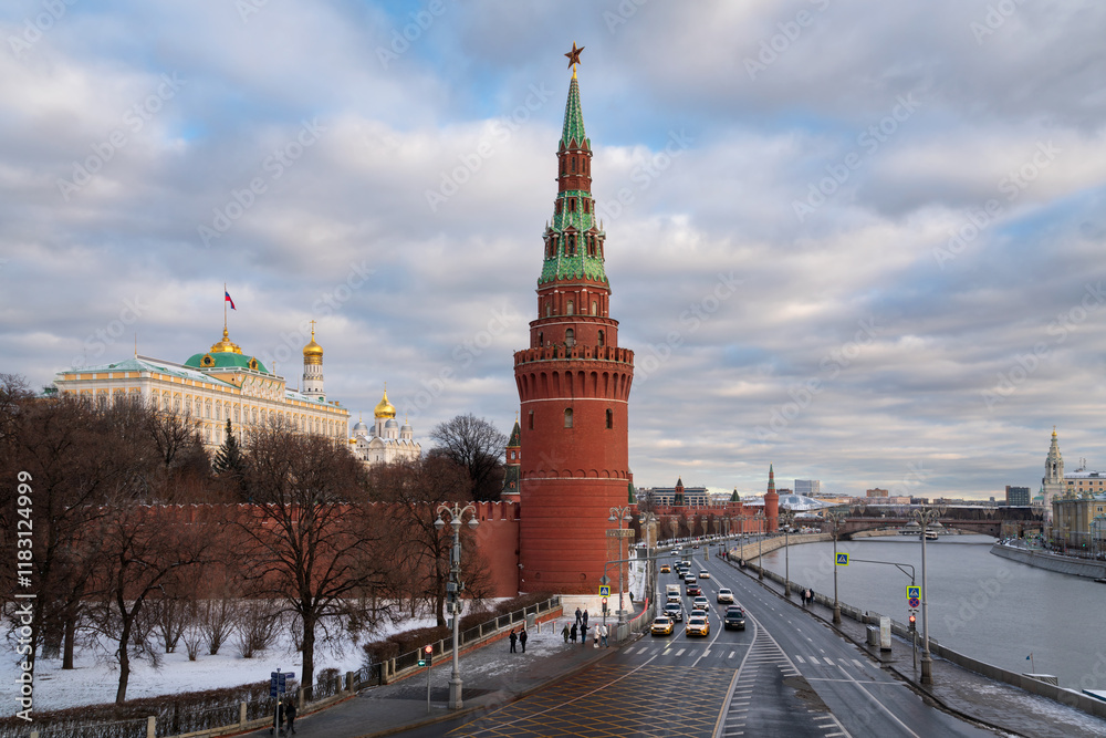 Vodovzvodnaya Tower of the Kremlin Wall, the Grand Kremlin Palace and the Kremlin Embankment of the Moskva River, Moscow, Russia Vodovzvodnaya Tower of the Kremlin Wall, the Grand Kremlin Palace and the Kremlin Embankment of the Moskva River, Moscow, Russia