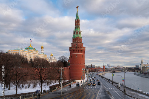 Vodovzvodnaya Tower of the Kremlin Wall, the Grand Kremlin Palace and the Kremlin Embankment of the Moskva River, Moscow, Russia
