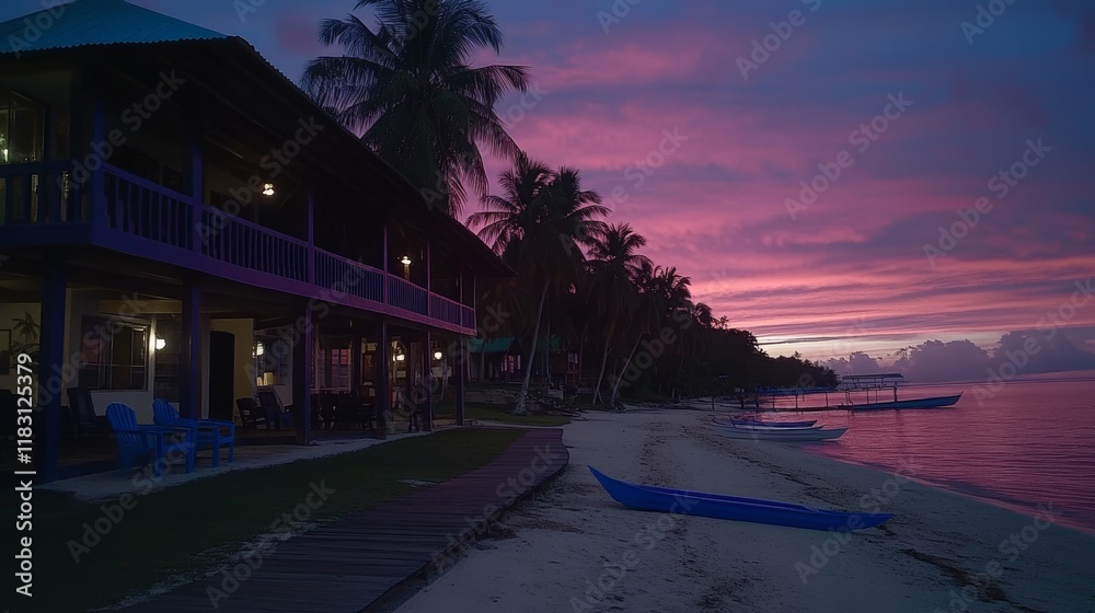 Obraz premium Tropical Beach House Sunset with Boats Peaceful Idyllic Vacation Paradise