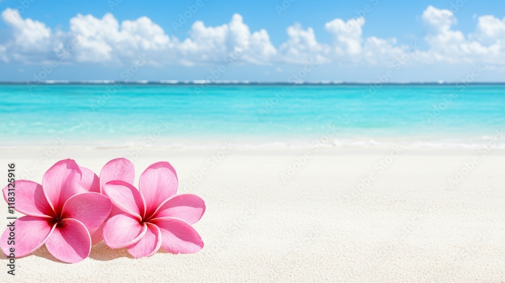 Tropical Beach Paradise Pink Plumeria Flowers on White Sand Tropical Beach Paradise Pink Plumeria Flowers on White Sand