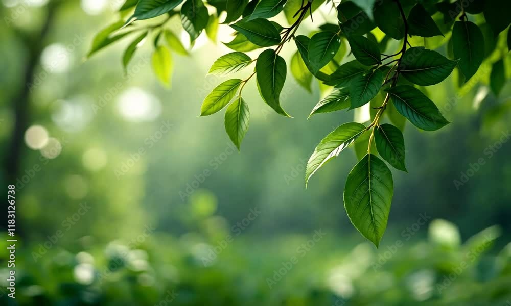 3D Animation of A close-up of green leaves on a branch. Video background