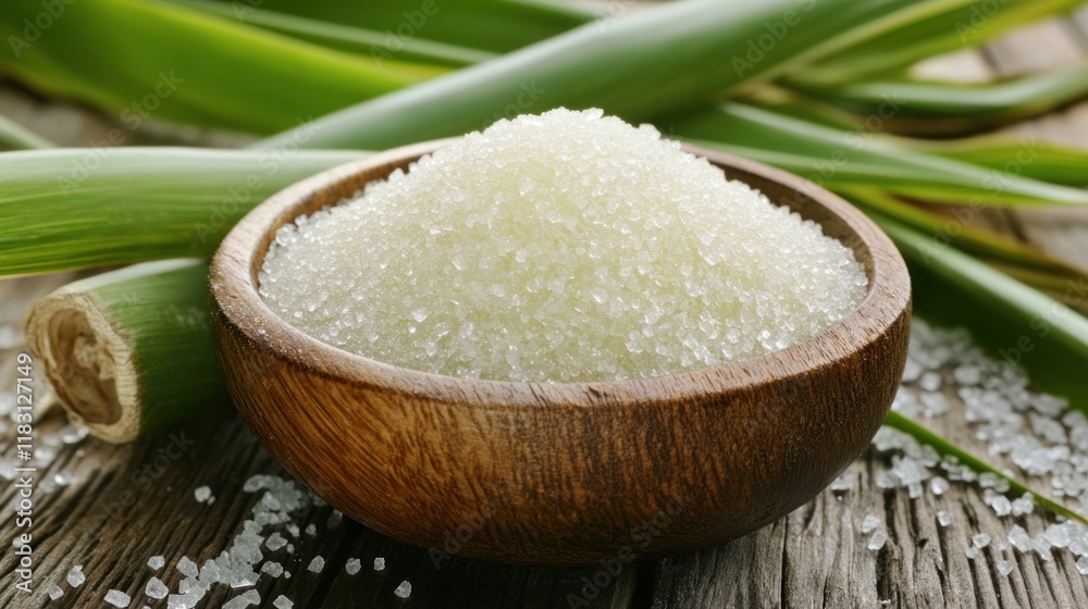 Organic Sugarcane Sugar in Wooden Bowl Organic Sugarcane Sugar in Wooden Bowl