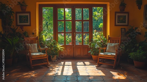 Sunlit Room With Rocking Chairs And Garden View photo