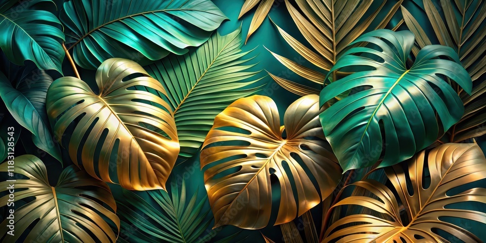 Luxurious Emerald and Gold Tropical Leaf Arrangement, a Vibrant and Elegant Botanical Design Luxurious Emerald and Gold Tropical Leaf Arrangement, a Vibrant and Elegant Botanical Design