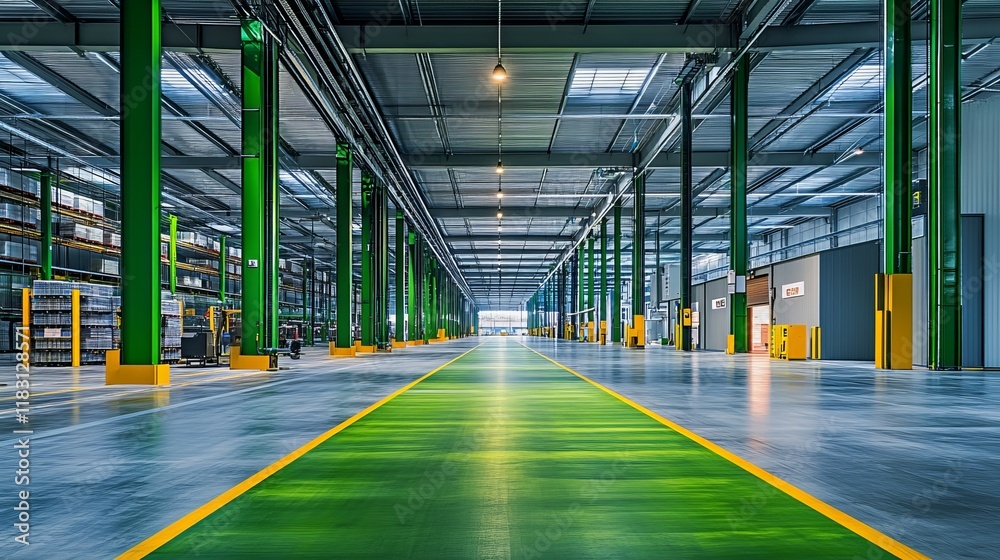Fototapeta premium Eco-Friendly Green Logistics Park with Open Airy Warehouses and Natural Light Optimization