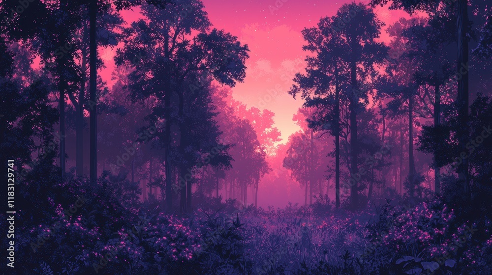 Fototapeta premium Pink sunset in a mystical forest with tall trees and purple undergrowth.