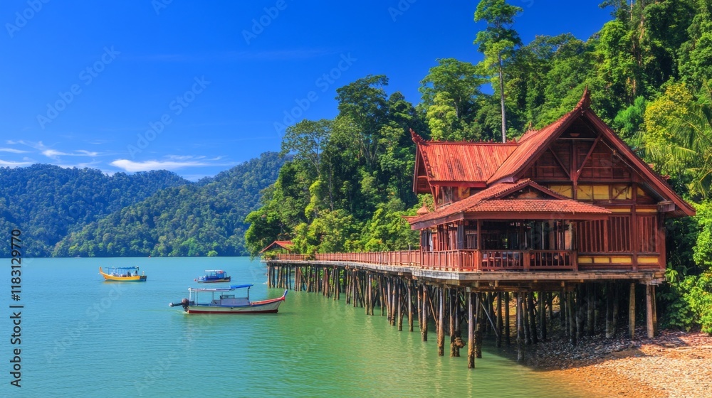 Tropical Overwater House on Stilts with Boats Tropical Overwater House on Stilts with Boats