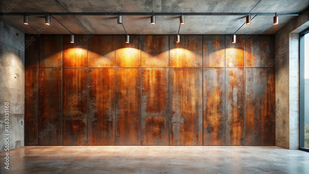 Rustic Industrial Interior Design Empty Room with Patina Metal Wall and Track Lighting Rustic Industrial Interior Design Empty Room with Patina Metal Wall and Track Lighting