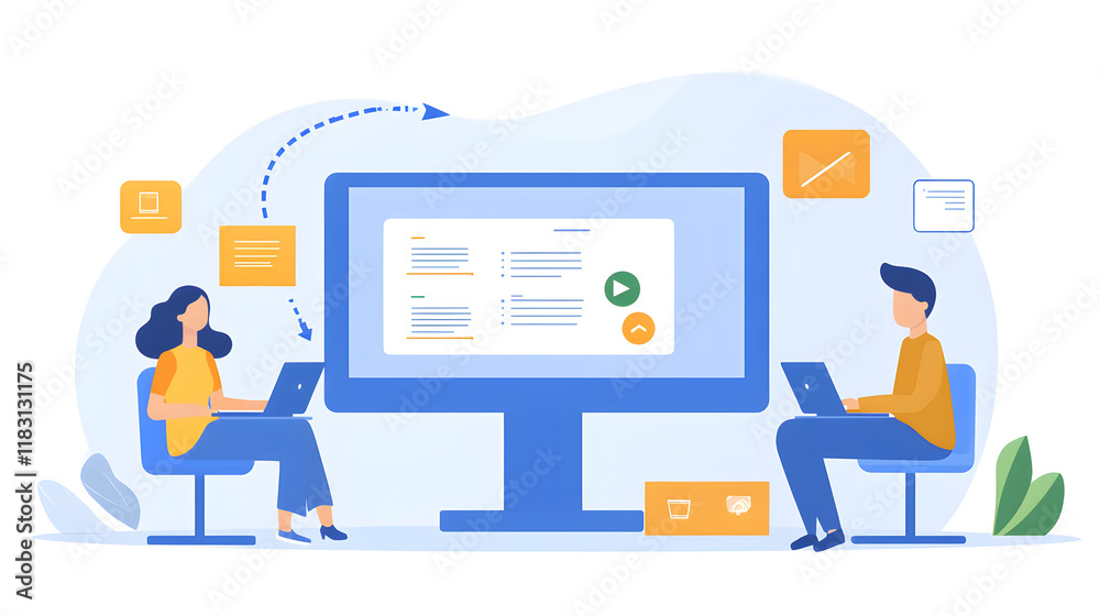 Two colleagues collaborate on a project using laptops and a shared screen displaying a presentation. Data transfer is shown with curved arrows. Two colleagues collaborate on a project using laptops and a shared screen displaying a presentation. Data transfer is shown with curved arrows.