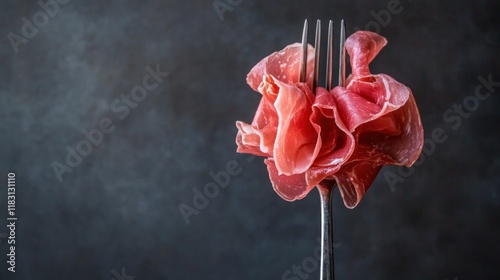 A close-up of thin slices of prosciutto artfully arranged on a fork, against a dark, moody backdrop