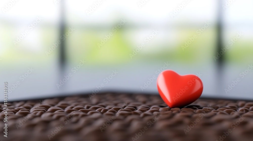 Fototapeta premium Close-up Photo: Vibrant Red Heart Gently Resting on Dark Surface near Window. AI Generated