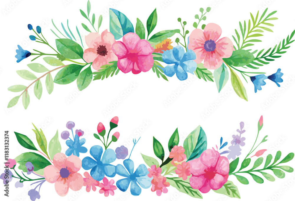 Obraz premium Watercolor Floral Border with Pink and Blue Flowers