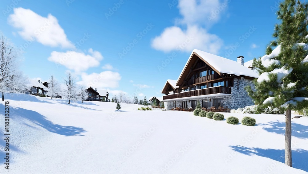 Snow-Covered Mountain Lodge Under a Clear Blue Sky Snow-Covered Mountain Lodge Under a Clear Blue Sky