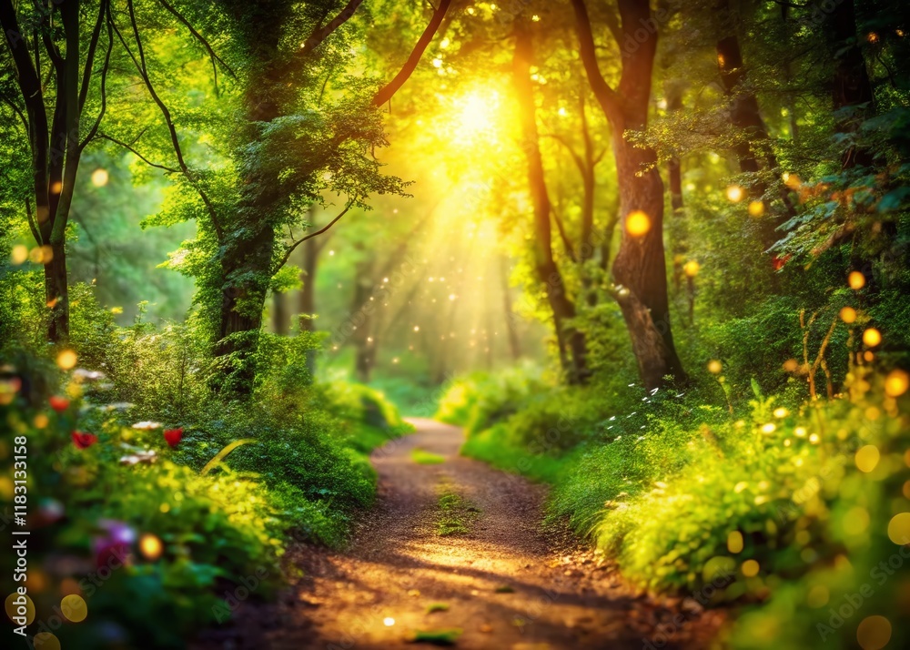 Obraz premium Magical Woodland Bokeh: Sunbeams Dappling Forest Path