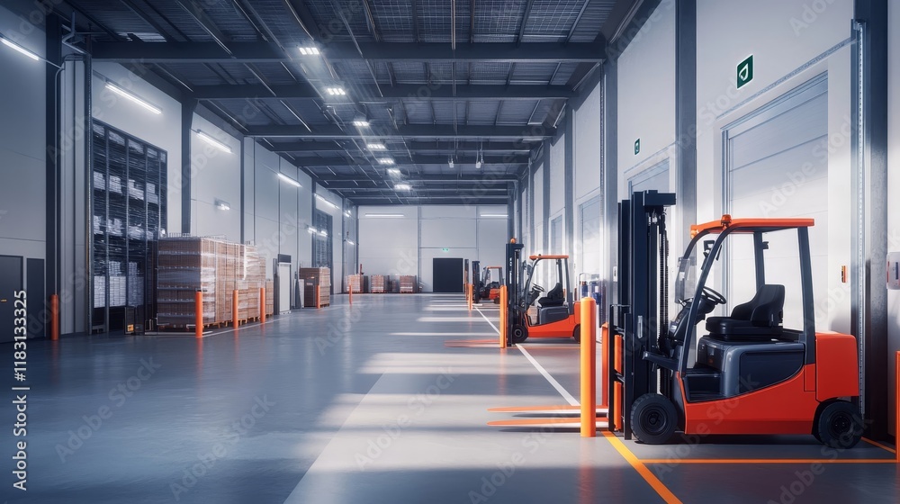 Sustainable Charging Docks for Solar-Powered Forklifts in Eco-Focused Warehouse with Modern Energy-Saving Layout Sustainable Charging Docks for Solar-Powered Forklifts in Eco-Focused Warehouse with Modern Energy-Saving Layout