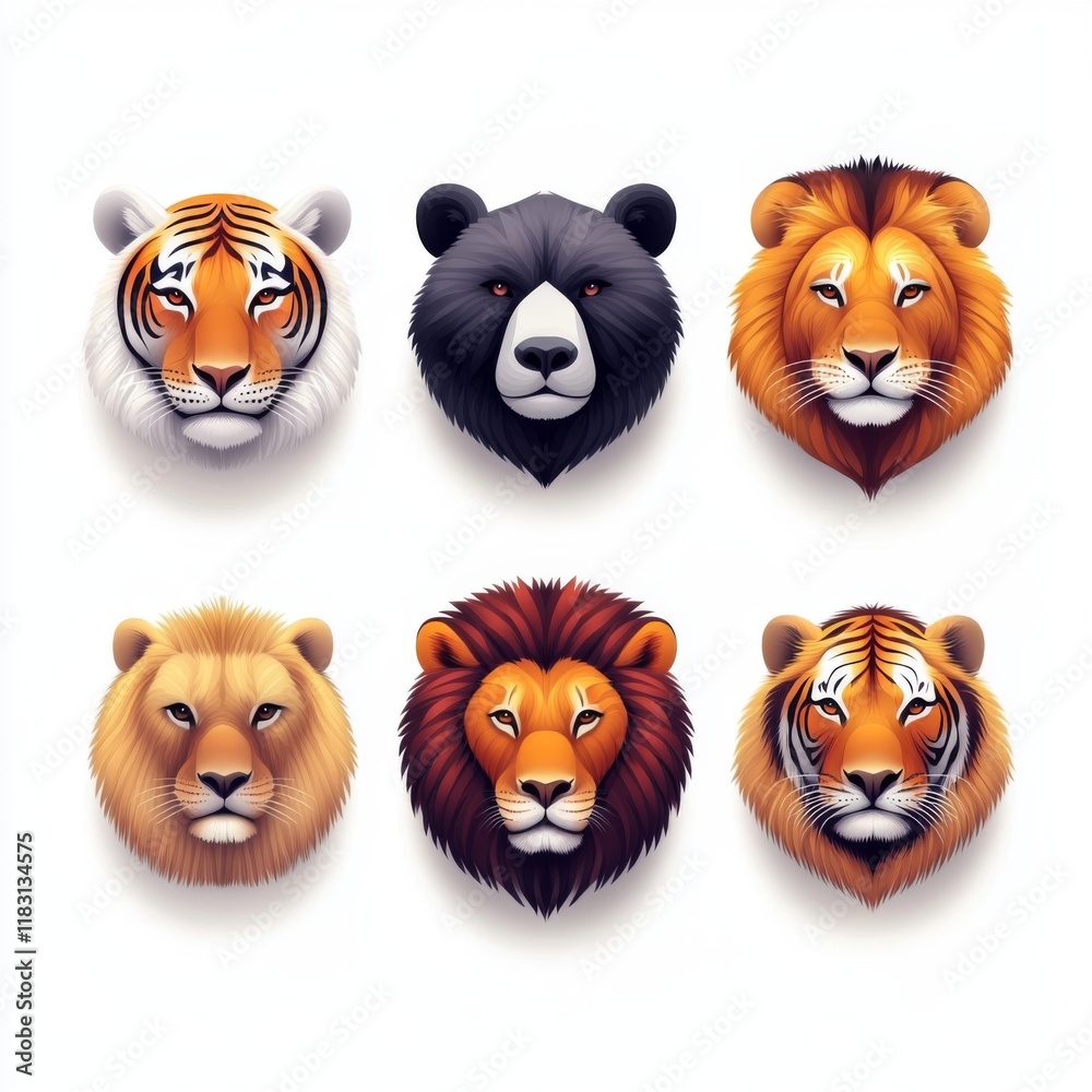Obraz premium Wild animal portraits stunning tiger lion bear heads colorful digital art studio environment close-up perspective