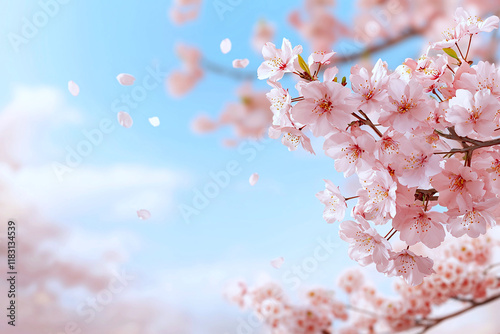 Cherry blossom branches bloom against a dreamy blurred sky, creating a romantic and delicate floral aesthetic