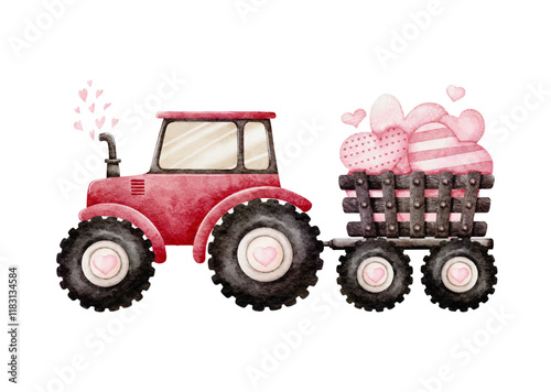 Valentine s Day Watercolor Vector with Pink Farmer Tractor Vehicle and Hearts Vintage style on White Background design