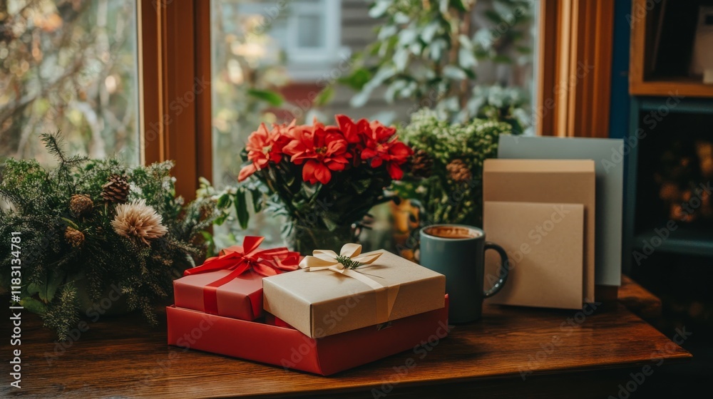 Obraz premium Cozy Home Decoration with Wrapped Gifts, Vibrant Flowers, and a Warm Mug Capturing the Essence of a Festive Atmosphere in a Sunlit Interior
