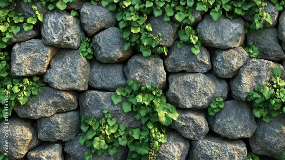 Natural stone wall adorned with vibrant green ivy in sunny outdoor setting