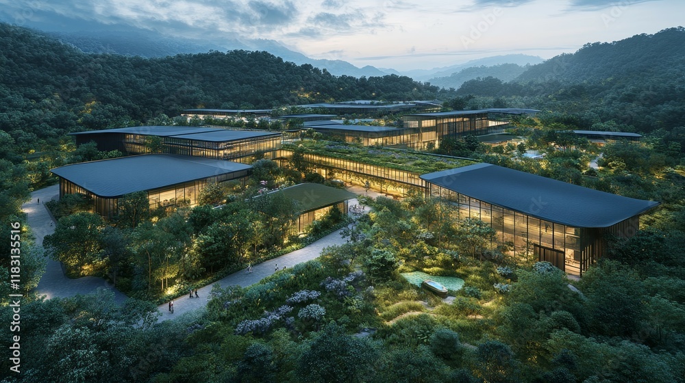 Obraz premium Eco-Friendly Distribution Center in Harmony with Wildlife Sanctuary, Green Innovation and Conservation