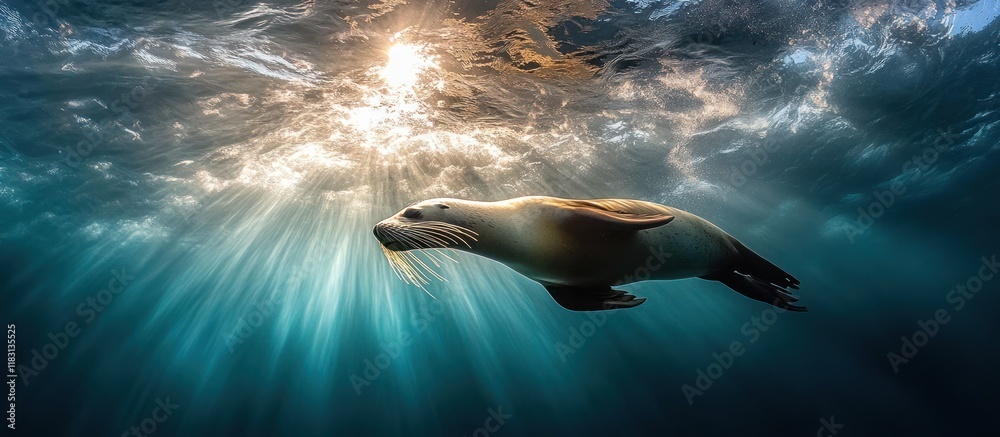 Fototapeta premium Underwater sea lion swimming gracefully through sunlit ocean, dramatic clouds above.
