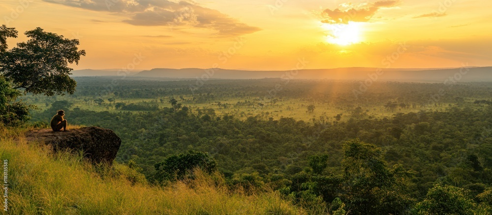 Solitary figure silhouetted against a breathtaking sunset over a vast, sprawling landscape of lush green forest and golden grasslands. Solitary figure silhouetted against a breathtaking sunset over a vast, sprawling landscape of lush green forest and golden grasslands.